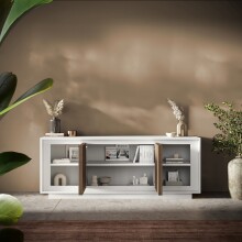 Sideboard >Siena< 4 Türen, Weiss Lack matt / Mercure Eiche Dekor - 207x80x50 (BxHxT)
