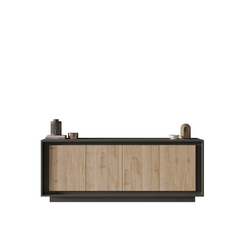 Sideboard >Siena< 4 Türen, Lava anthrazit / Cadiz Eiche Dekor - 207x80x50 (BxHxT)