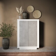 Highboard >Siena< 6 Böden, Soft-Close, Weiss Lack matt, Beton-Optik -106x171x40cm B/H/T