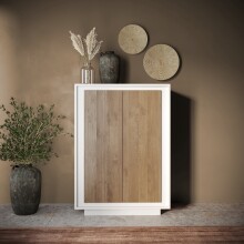 Highboard >Siena< 6 Böden, Weiss Lack matt, Mercure Eiche Dekor - 106x171x40cm (B/H/T)