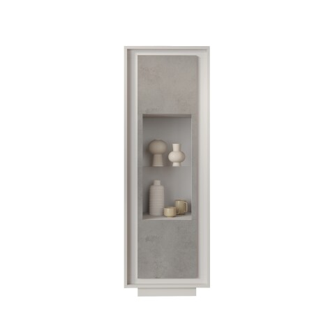 Vitrine >Siena< 3 Böden, Soft-Close, Weiss Lack matt, Beton-Optik - 67x197x40 (B/H/T)