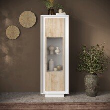 Vitrine >Siena< 3 Böden, Softclose, Weiss Lack matt, Cadiz Eiche Dekor 67x197x40 BxHxT