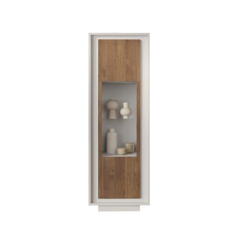 Vitrine >Siena< 3 Böden, Weiss Lack matt, Mercure Eiche Dekor - 67x197x40 (BxHxT)