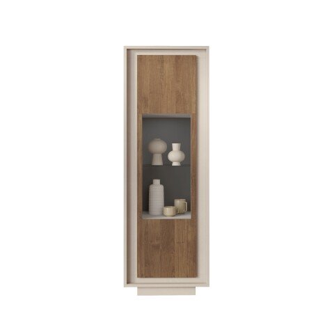 Vitrine >Siena< 3 Böden, Soft-Close, Cashmere, Mercure Eiche Dekor - 67x197x40 (BxHxT)