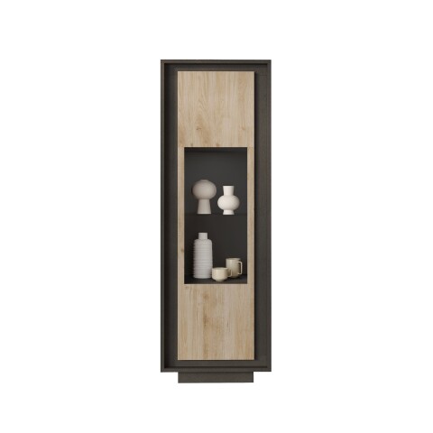 Vitrine >Siena< 3 Böden, Soft-Close, Lava anthrazit, Cadiz Eiche Dekor 67x197x40 BxHxT