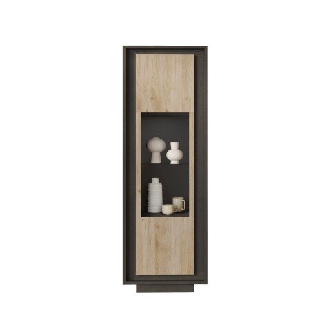 Vitrine >Siena< 3 Böden, Soft-Close, Lava anthrazit, Cadiz Eiche Dekor 67x197x40 BxHxT