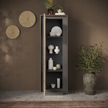 Vitrine >Siena< 3 Böden, Soft-Close, Lava anthrazit, Cadiz Eiche Dekor 67x197x40 BxHxT