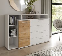 Sideboard >MAYACUS< 4 Schübe, 1 Tür, 5 Fächer, weiß,Eiche Dekor - 153,1x98,5x41,3cm BxHxT