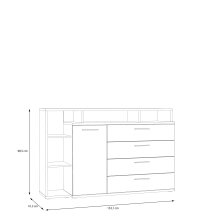 Sideboard >MAYACUS< 4 Schübe, 1 Tür, 5 Fächer, weiß,Eiche Dekor - 153,1x98,5x41,3cm BxHxT