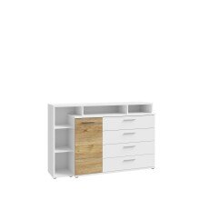 Sideboard >MAYACUS< 4 Schübe, 1 Tür, 5 Fächer, weiß,Eiche Dekor - 153,1x98,5x41,3cm BxHxT