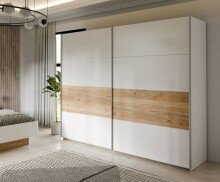 Schiebetürenschrank >MAYACUS< 3 Stangen, 3 Böden, weiß, Eiche Dekor - 269,9x210,5x61,2cm (BxHxT)
