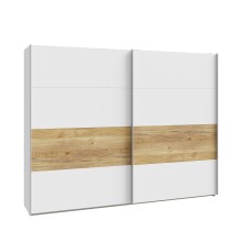 Schwebetürenschrank >MAYACUS< LED, 3 Stangen, 3 Böden, weiß, Eiche Dekor - 280,6x215,9x63cm B/H/T