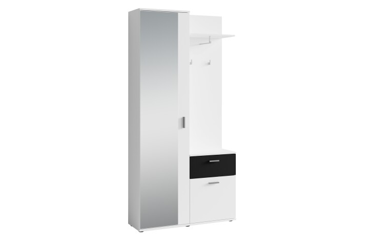Kompaktgarderobe >JAKOB< Spiegel, 2 Türen, Schublade, Weiß / Schwarz - 97x197x30 cm (BxHxT)