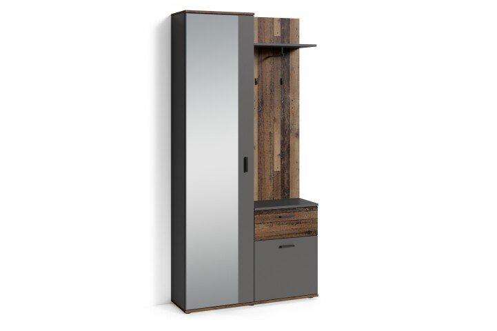 Kompaktgarderobe >JAKOB< Spiegel, 2 Türen, Schublade, Anthrazit Oldwood Dekor 97x197x30cm B/H/T