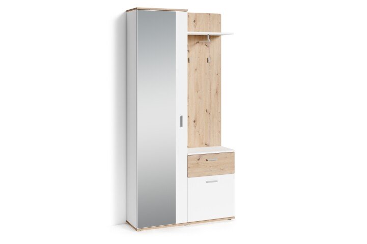 Kompaktgarderobe >JAKOB< Spiegel, 2 Türen, Schublade, Weiß, Eiche Dekor - 97x197x30 cm (BxHxT)