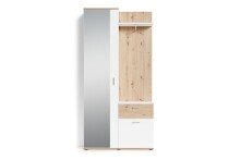 Kompaktgarderobe >JAKOB< Spiegel, 2 Türen, Schublade, Weiß, Eiche Dekor - 97x197x30 cm (BxHxT)