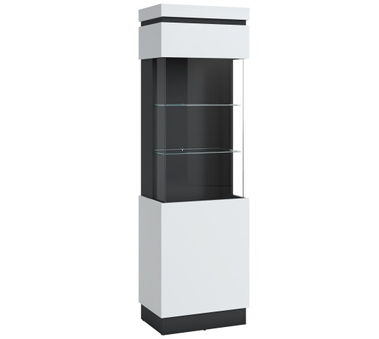 Glasvitrine >CAMPANIA< 1 Tür, 3 Böden, Alpinweiß / Anthrazit Dekor - 60x200x40cm (BxHxT)