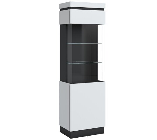 Glasvitrine >CAMPANIA< 1 Tür, 3 Böden, Alpinweiß / Anthrazit Dekor - 60x200x40cm (BxHxT)
