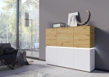 Highboard >LUCI< 6 Türen, Beleuchtung, weiß/Artisan Eiche Dekor - 165x132x40cm BxHxT
