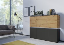 Highboard >LUCI< 6 Türen, Beleuchtung, Artisan Eiche Dekor/Grau - 166x132x40cm BxHxT