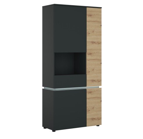 Stauraumvitrine >LUCI<  4 Türen, Beleuchtung, Artisan Eiche Dekor / Grau - 90x199x40cm (BxHxT)