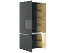 Stauraumvitrine >LUCI<  4 Türen, Beleuchtung, Artisan Eiche Dekor / Grau - 90x199x40cm (BxHxT)