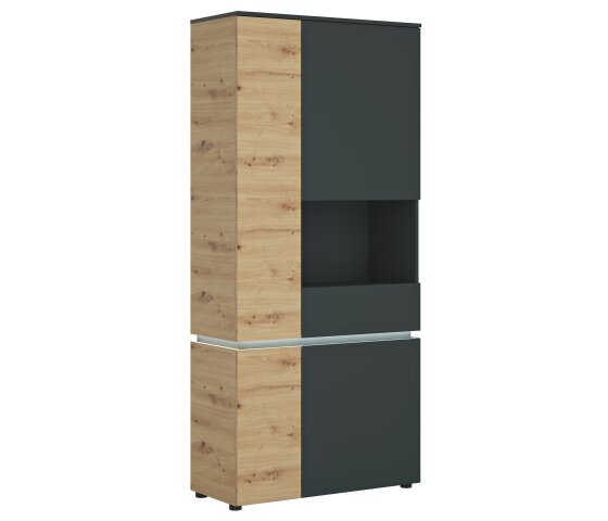Stauraumvitrine >LUCI< 4 Türen, Beleuchtung, Artisan Eiche Dekor / Grau - 90x200x40cm (BxHxT)