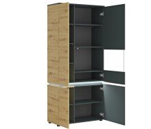 Stauraumvitrine >LUCI< 4 Türen, Beleuchtung, Artisan Eiche Dekor / Grau - 90x200x40cm (BxHxT)