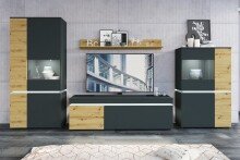 Stauraumvitrine >LUCI< 4 Türen, Beleuchtung, Artisan Eiche Dekor / Grau - 90x200x40cm (BxHxT)