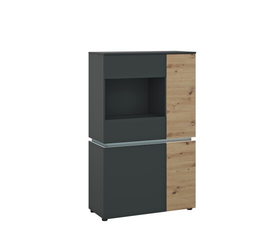 Stauraumvitrine >LUCI< 4 Türen, Beleuchtung, Artisan Eiche Dekor / Grau - 90x146x40cm (BxHxT)