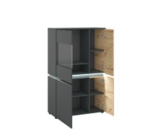 Stauraumvitrine >LUCI< 4 Türen, Beleuchtung, Artisan Eiche Dekor / Grau - 90x146x40cm (BxHxT)