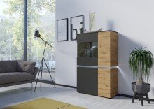 Stauraumvitrine >LUCI< 4 Türen, Beleuchtung, Artisan Eiche Dekor / Grau - 90x146x40cm (BxHxT)