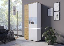 Stauraumvitrine >LUCI< 4 Türen, 7 Böden, Alpinweiß/Artisan Eiche Dekor - 90x199x40cm (BxHxT)