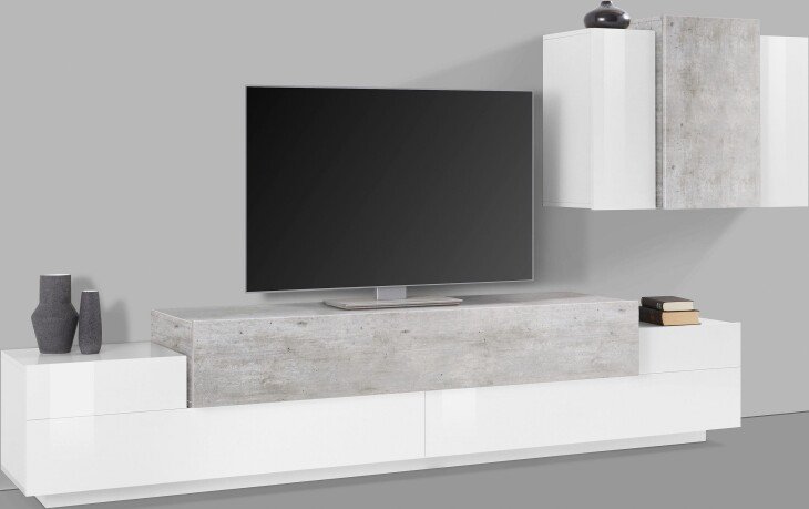 Wohnwand >Corona< (2-teilig) in Weiß/Beton - 240x51,5x45cm (BxHxT)