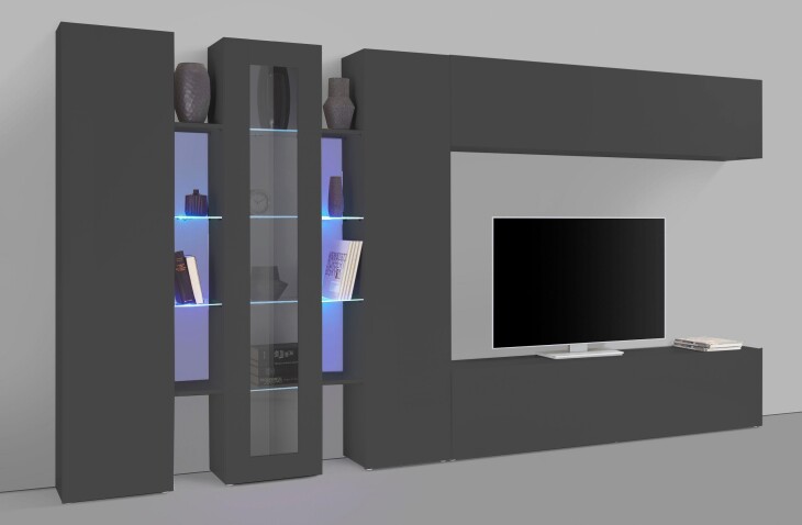 Wohnwand >Benevent< (7-teilig) in Anthrazit matt - 340x180x30 (BxHxT)