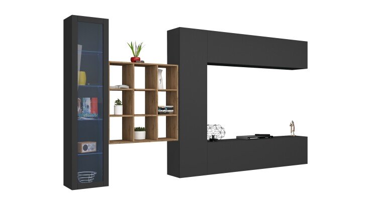 Wohnwand >Benevent< (5-teilig) in Anthrazit matt - 350x180x30 (BxHxT)