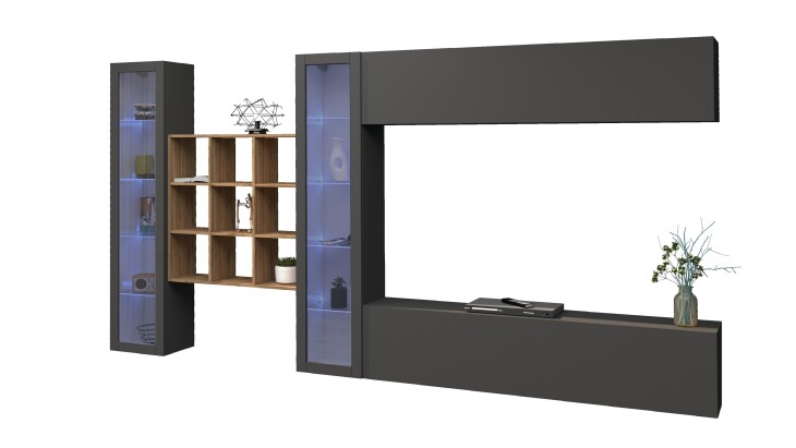 Wohnwand >Benevent< (5-teilig) in Anthrazit matt - 350x180x30 (BxHxT)