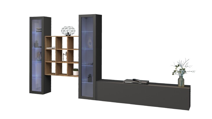Wohnwand >Benevent< (4-teilig) in Anthrazit matt - 350x180x30 (BxHxT)