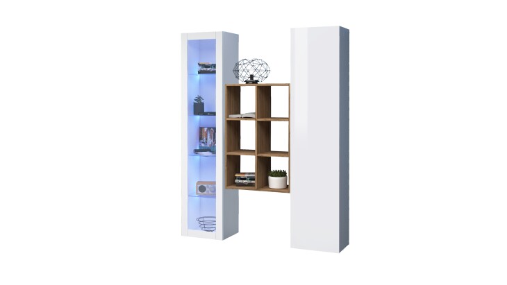 Wohnwand >Benevent< (3-teilig) in Weiß Hochglanz - 140x180x30 (BxHxT)