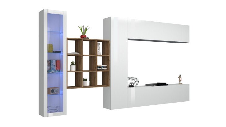 Wohnwand >Benevent< (5-teilig) in Weiß Hochglanz - 350x180x30 (BxHxT)