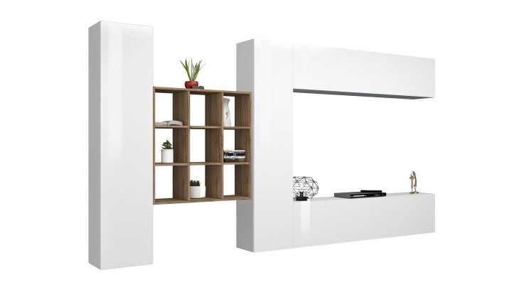 Wohnwand >Benevent< (5-teilig) in Weiß Hochglanz - 350x180x30 (BxHxT)
