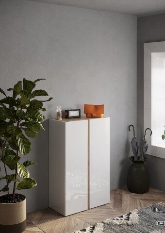 Schuhschrank >Farina< 2 Türen, Weiss Hochglanz Lack / Eiche Cadiz Dekor - 70x111x35cm B/H/T