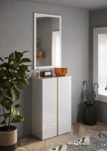 Schuhschrank >Farina< 2 Türen, Weiss Hochglanz Lack / Eiche Cadiz Dekor - 70x111x35cm B/H/T