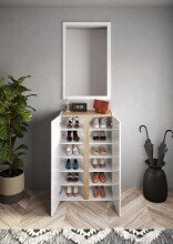 Schuhschrank >Farina< 2 Türen, Weiss Hochglanz Lack / Eiche Cadiz Dekor - 70x111x35cm B/H/T