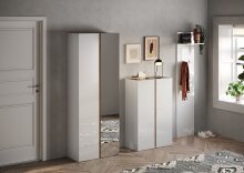 Schuhschrank >Farina< 2 Türen, Weiss Hochglanz Lack / Eiche Cadiz Dekor - 70x111x35cm B/H/T