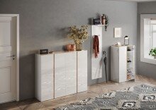 Schuhschrank >Farina< 2 Türen, Weiss Hochglanz Lack / Eiche Cadiz Dekor - 70x111x35cm B/H/T