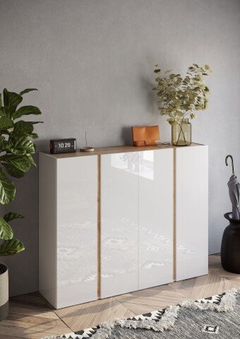 Schuhschrank >Farina< 4 Türen, Weiss Hochglanz Lack / Eiche Cadiz Dekor - 140x111x35cm B/H/T