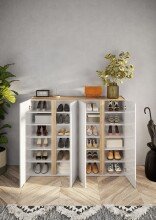 Schuhschrank >Farina< 4 Türen, Weiss Hochglanz Lack / Eiche Cadiz Dekor - 140x111x35cm B/H/T