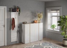 Schuhschrank >Farina< 4 Türen, Weiss Hochglanz Lack / Eiche Cadiz Dekor - 140x111x35cm B/H/T