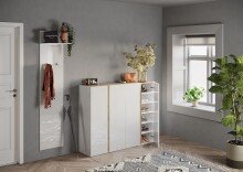 Schuhschrank >Farina< 4 Türen, Weiss Hochglanz Lack / Eiche Cadiz Dekor - 140x111x35cm B/H/T